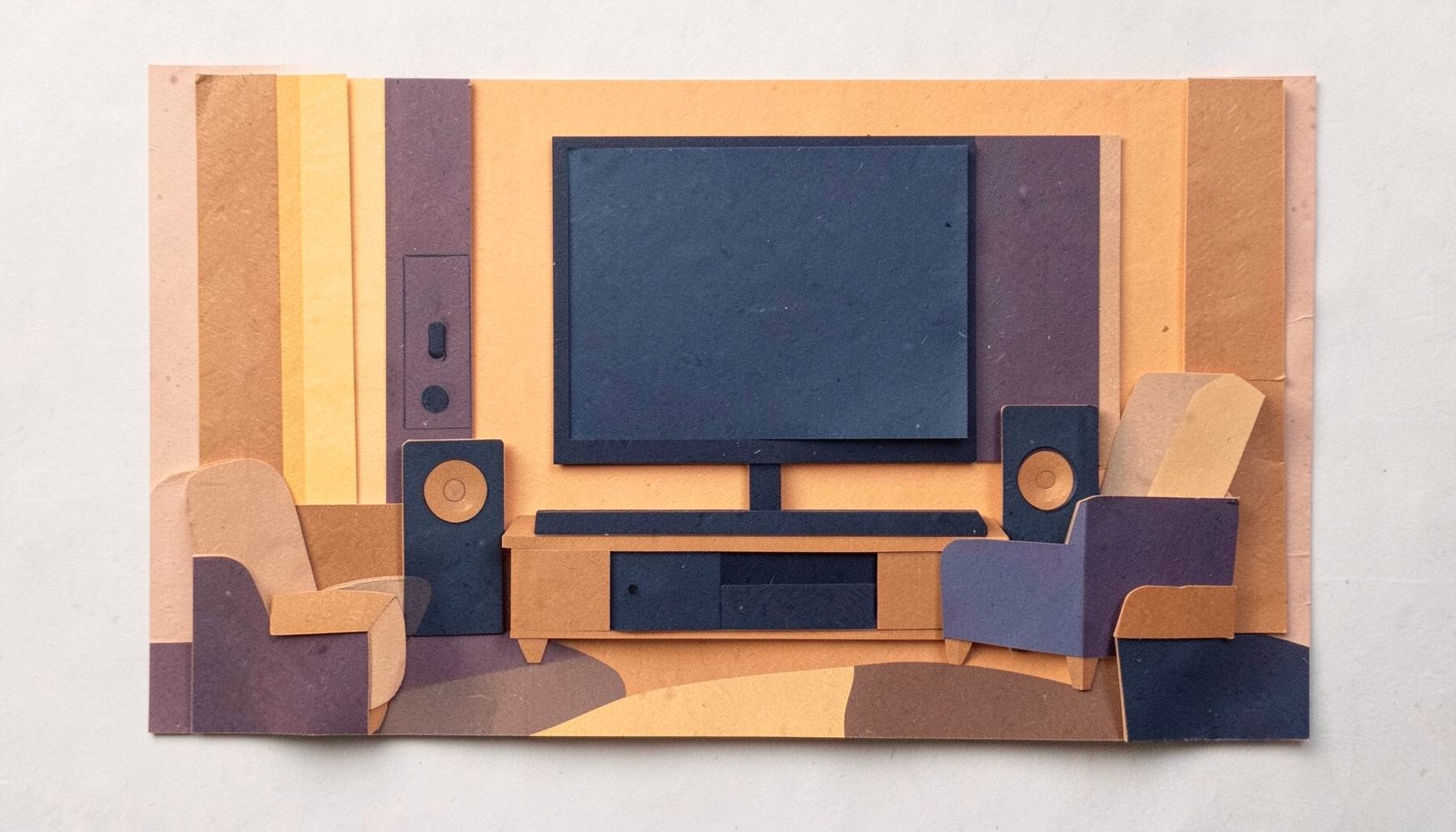 A layered paper cut-out collage of a warm living room scene with a large flat-screen television, speakers, and soft amber and navy tones, conveying a cozy home entertainment atmosphere.